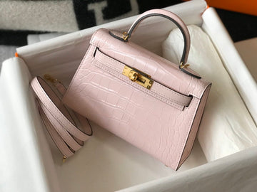 Top Quality Mini Kelly 19 Embossed Patent Pink Matte Bag With Gold-Toned Harware For Women, Handbags, Shoulder Bags 7.5in/19cm