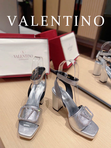 Valentino Garavani Strap Heeled Sandals With V Logo Crystal EmbellisTop Qualityent Silver For Women