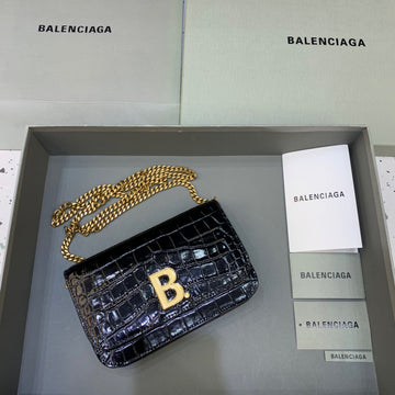 Top Quality Croc Embossed Patent B Bag With Chain In Black, For Women,  Bags 7.9in/20cm