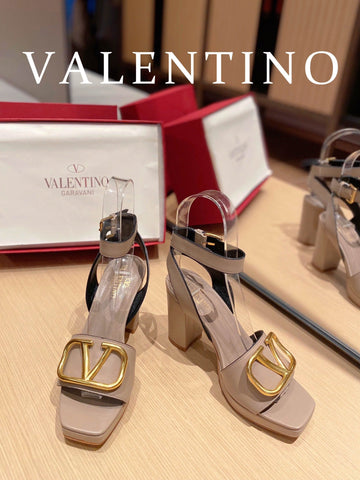 Valentino Garavani Strap Heeled Sandals With V Logo Signature EmbellisTop Qualityent Beige For Women