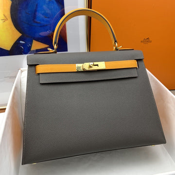 Top Quality Kelly 28 Sellier Epsom Dark Grey/Yellow Bag For Women, Handbags, Shoulder Bags 11in/28cm