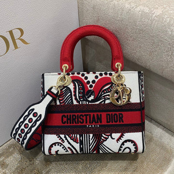 Top Quality MeTop Qualityum Lady D-Lite Bag Multicolor Cupidon Embroidery, Red/Latte Handbags, 24cm CD M0565OTQG_M941