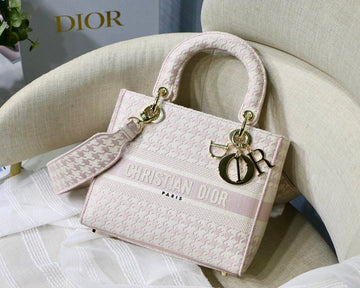 Top Quality MeTop Qualityum Lady D-Lite Bag Houndstooth Embroidery, Pink/White, For Women WomenÂs Handbags, Shoulder Bags, Crossbody Bags, 24cm CD