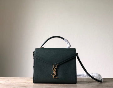 YSSL Cassandra Medium Top Handle Bag In Grain De Poudre Embossed Dark Green For Women 9in/25cmÂ 