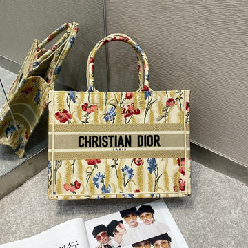 Top Quality MeTop Qualityum Book Tote in Hibiscus Metallic Thread Embroidery Bag For Women 14in/36cm CD
