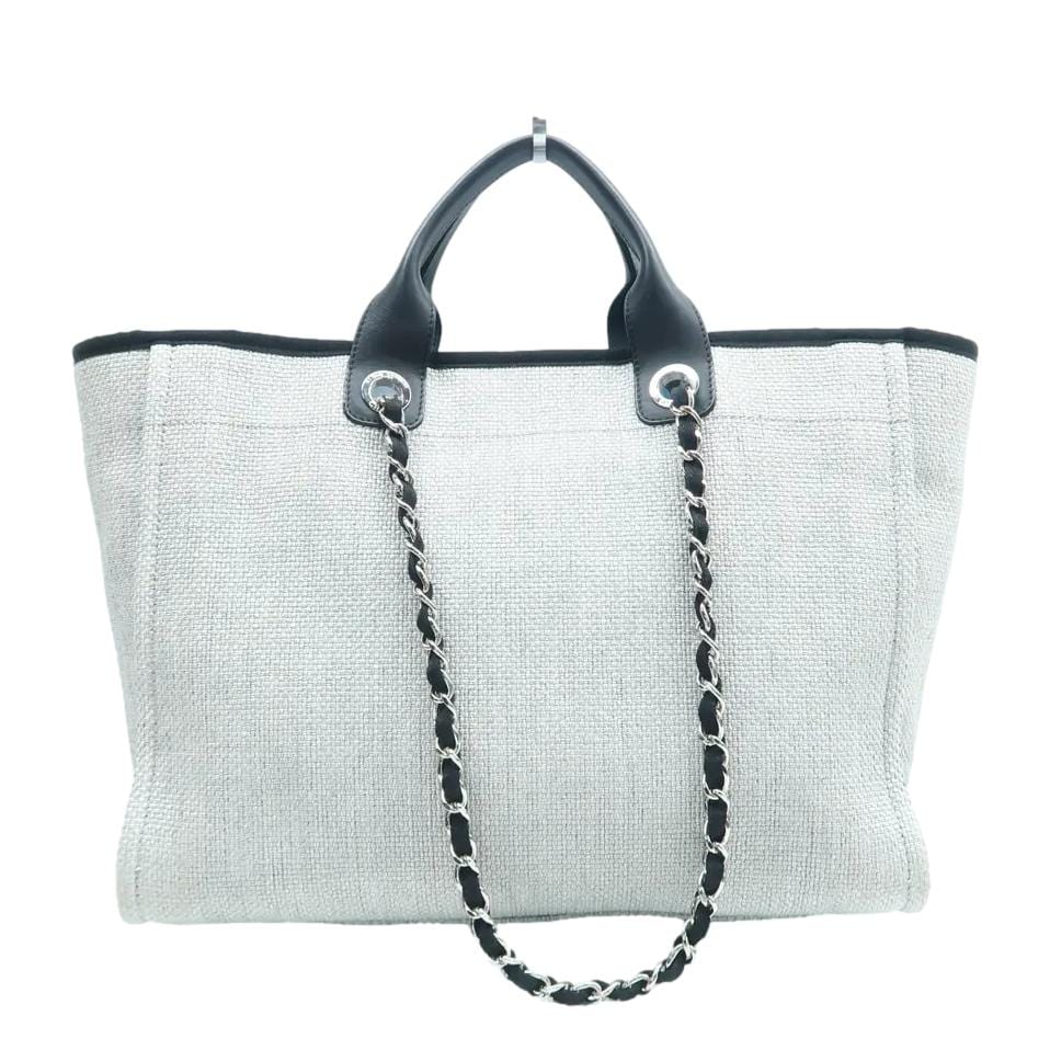 CHANEL Deauville Small Canvas Leather Tote Shoulder Bag White